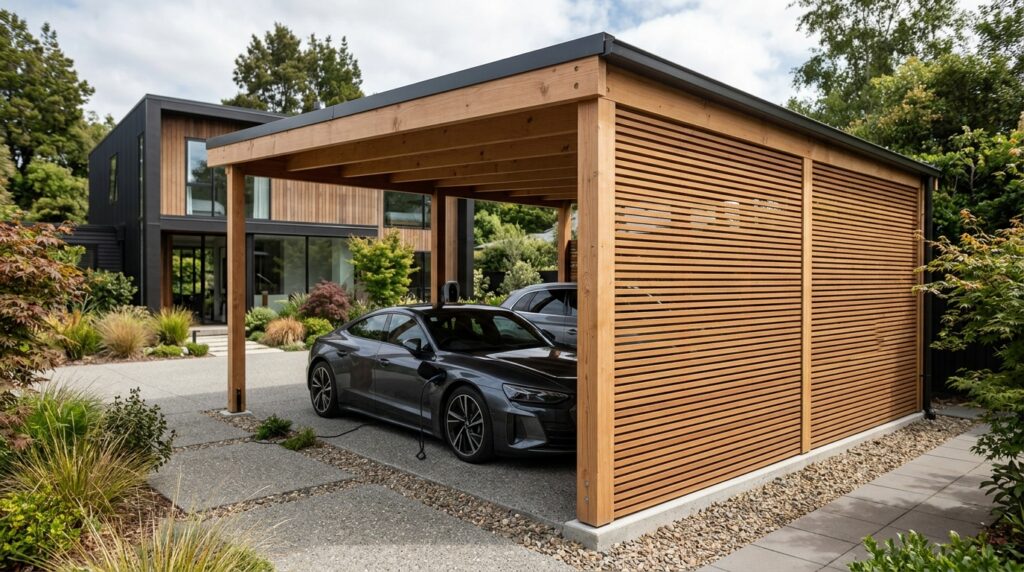 Timber Frame Carports That Add Rustic Charm to Your Front Yard timber carport with teak wall 202606152008