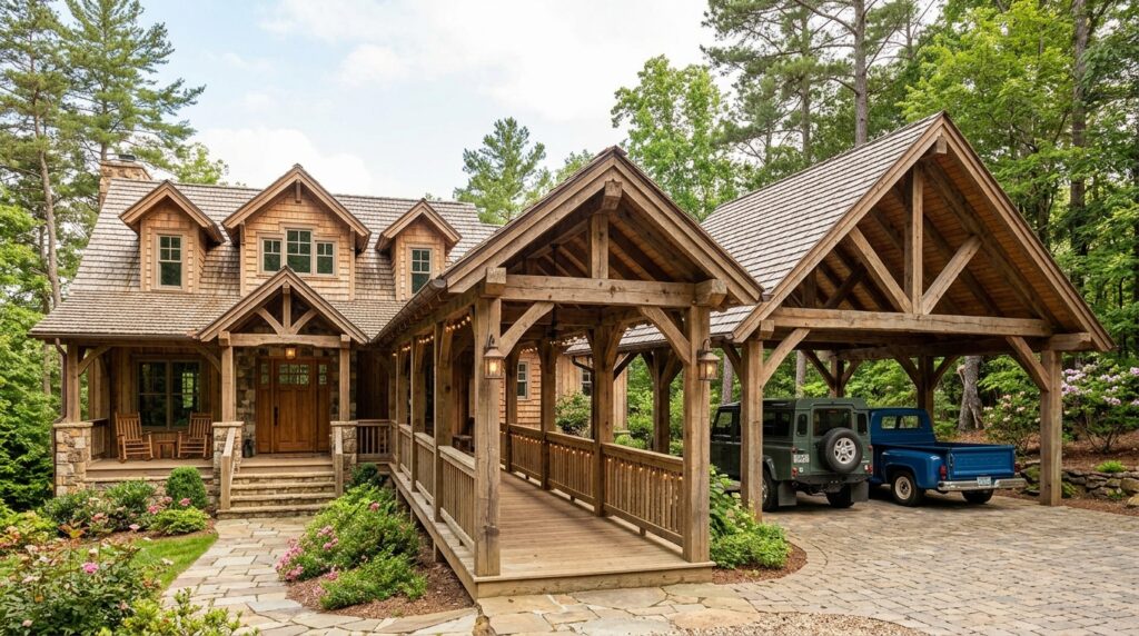 Timber Frame Carports That Add Rustic Charm to Your Front Yard timber pavilion connected to home 202606152009