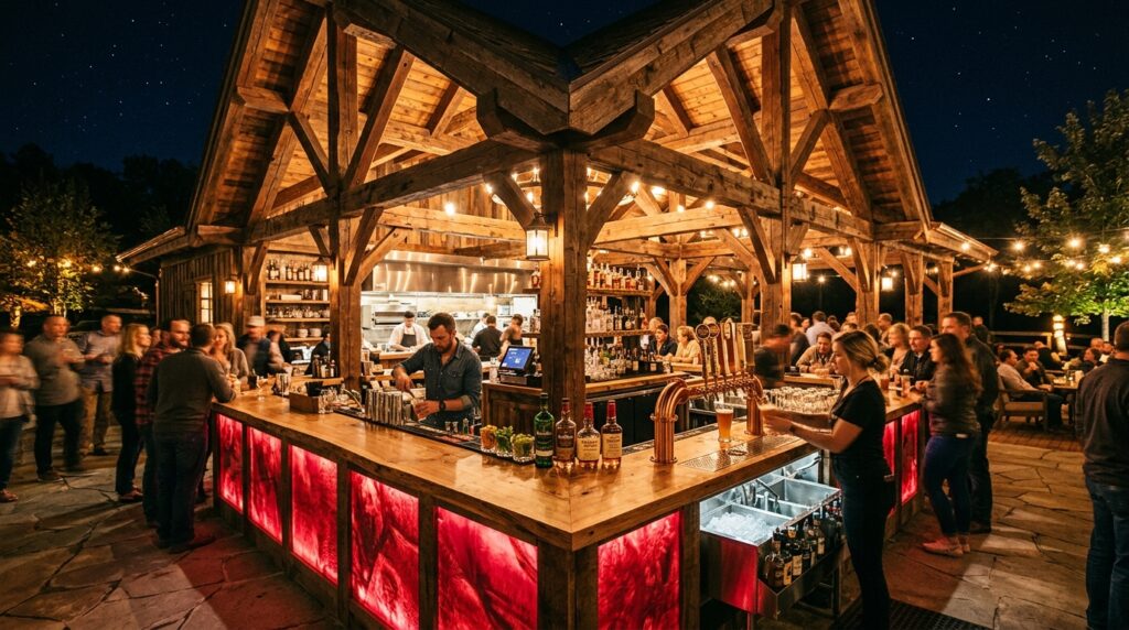 Custom Luxury Outdoor Bars with Backlit Translucent Resin Counters timber pavilion housing kitchen bar 202606181240