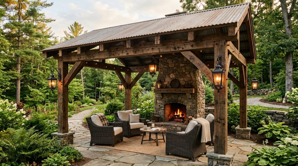Creative Covered Patio Ideas for Year-Round Outdoor Living timber pavilion with stone firep… 202606071414