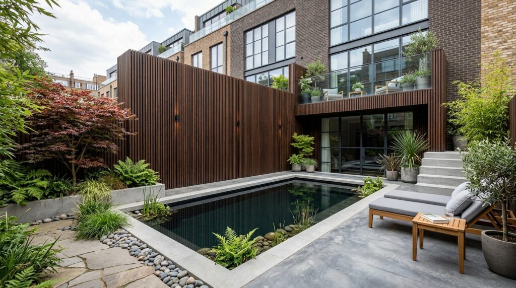 Modern Outdoor Plunge Pool Ideas For Luxury Backyard Relaxation townhouse courtyard with wood sl… 202606070815