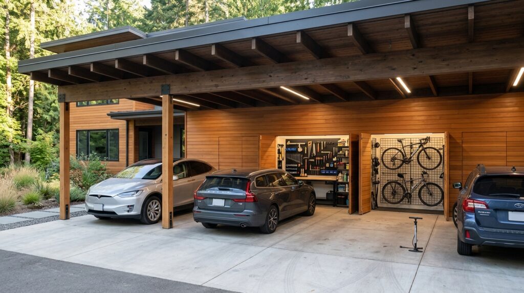 Craftsman-Style Carports Featuring Tapered Stone Column Pillars triple carport with storage 202606152249