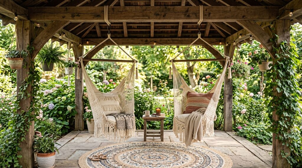 Modern Patio Gazebo Ideas For Luxury Outdoor Lounging two chairs hanging from gazebo 202606062108