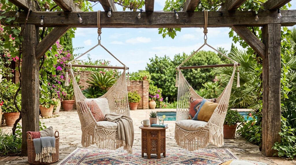 Outdoor Pergola Seating Ideas For Ultimate Backyard Luxury two hanging chairs pergola 202606052233