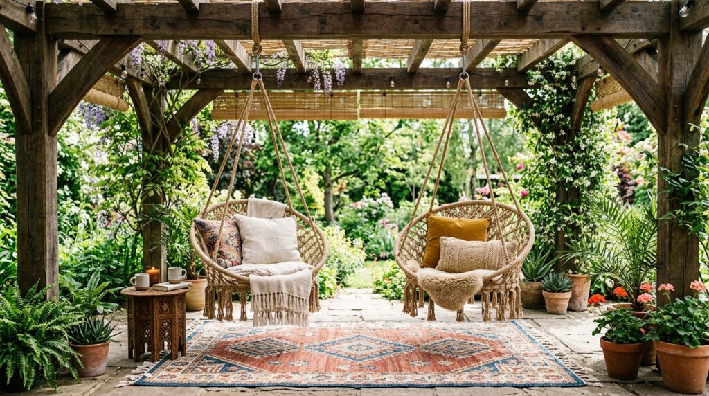 Modern Pergola Deck Ideas For Premium Backyard Luxury two hanging chairs pergola 202606070910
