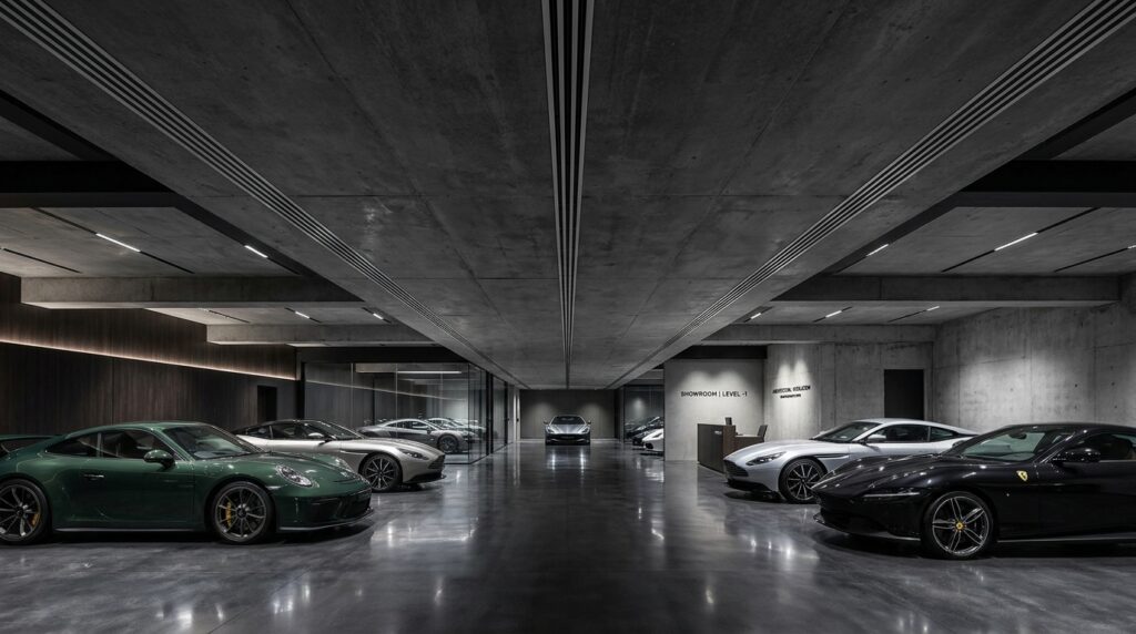 Modern Hidden Underground Car Cavities and Hidden Garage Vaults underground car showroom ceiling 202606072151