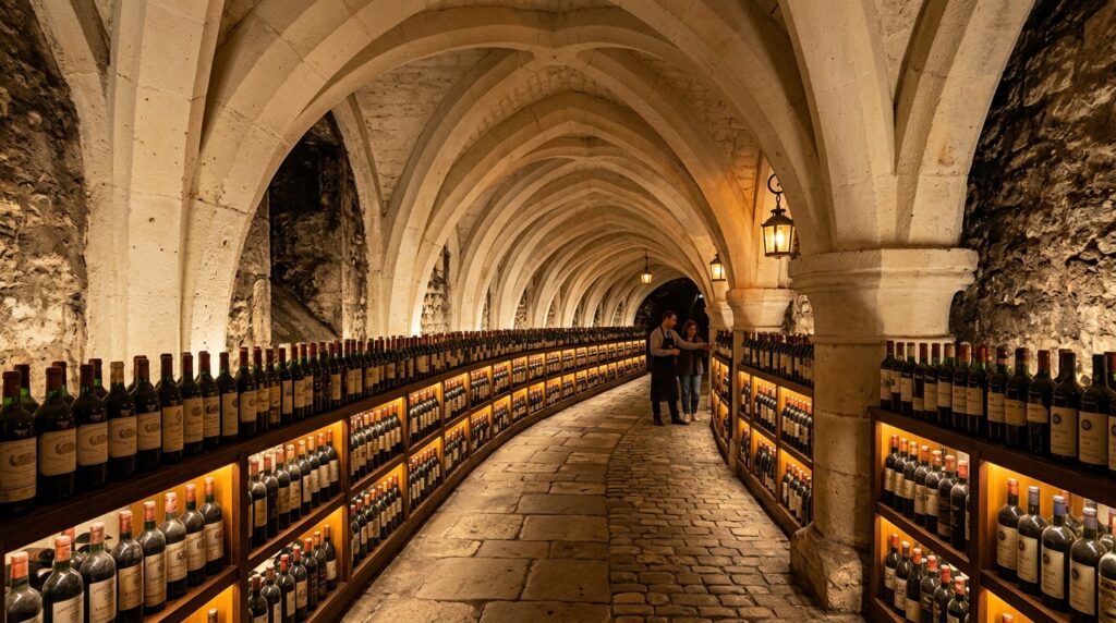 Luxury Subterranean Wine Caves and Private Tasting Vaults underground wine cellar backlit … 202606072218