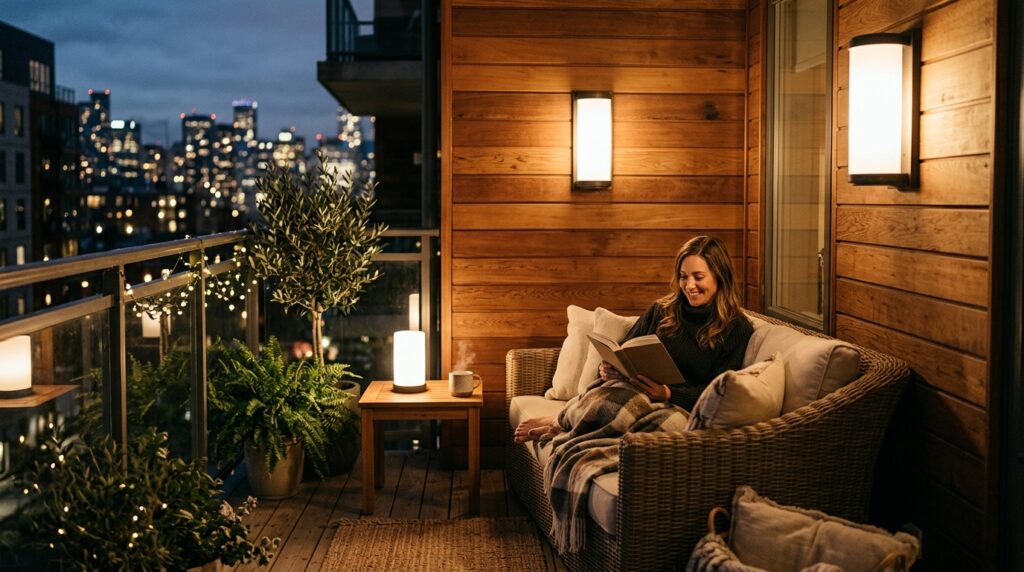 urban balcony lounge warm wood 202606101128