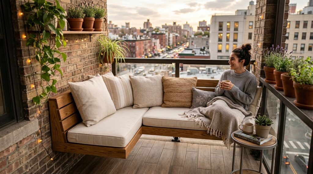 Modern Outdoor Balcony Designs For Luxury Urban Living urban balcony with wood bench 202606070739
