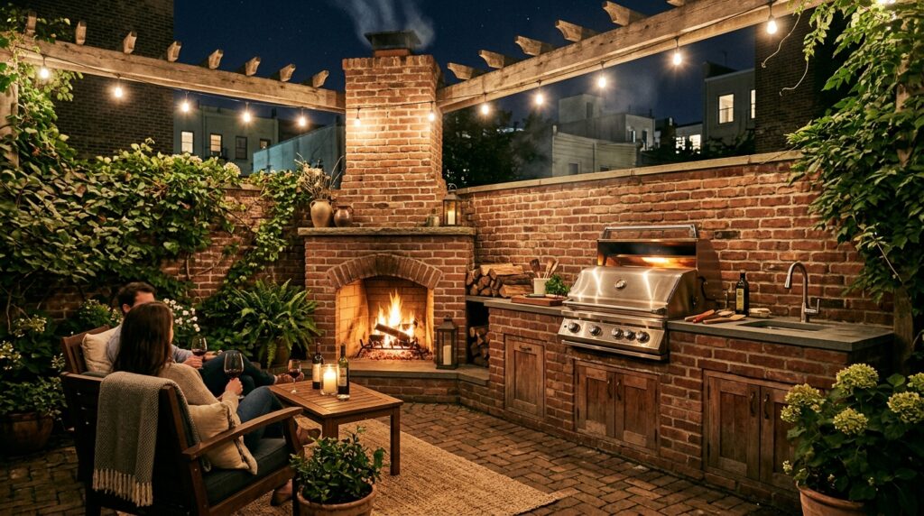 Brick Fireplace Extensions Integrating Full Outdoor Kitchen Lines urban courtyard patio night fire… 202606181816