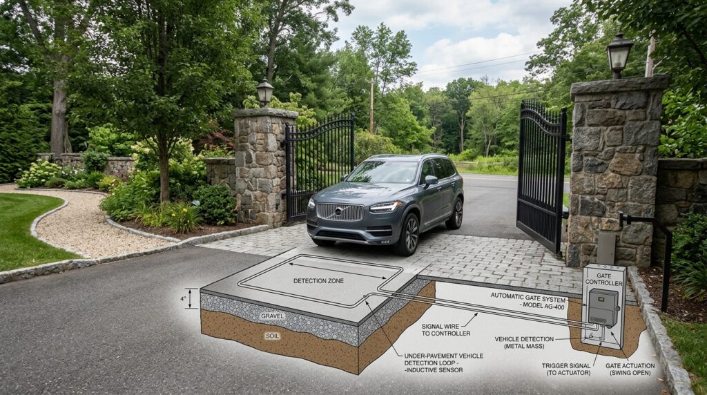 Stacked Flagstone Entry Pillars to Anchor Your Front Driveway Gate vehicle approaching stone pillar… 202606111313