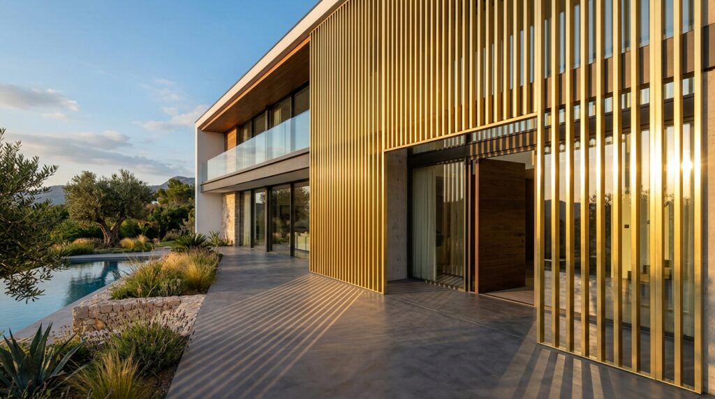 villa facade with brass slats 202606081717
