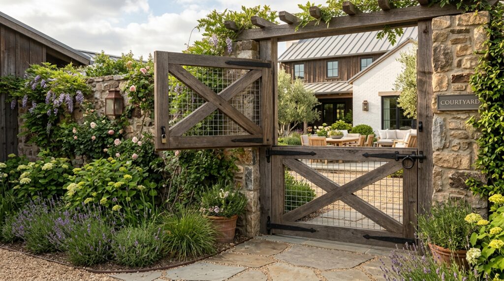 Industrial Wire Mesh and Wood Frame Gates for Modern Farmhouses walking gate into courtyard 202606111351