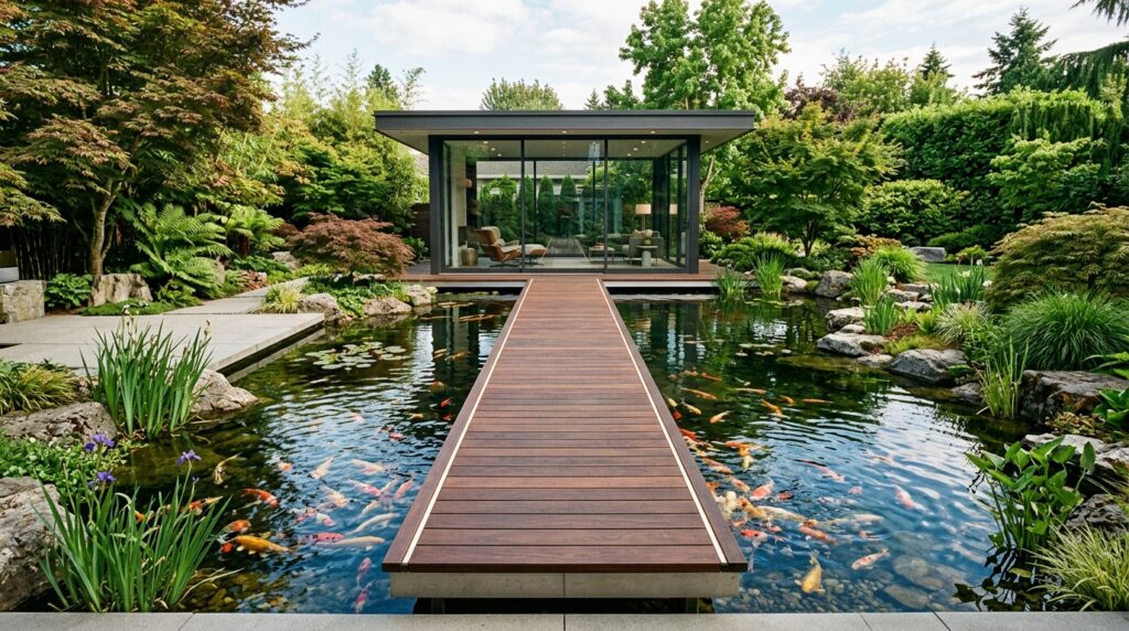 Floating Wooden Walkways Crossing Over Tranquil Backyard Koi Ponds walkway over koi pond pavilion 202606141955