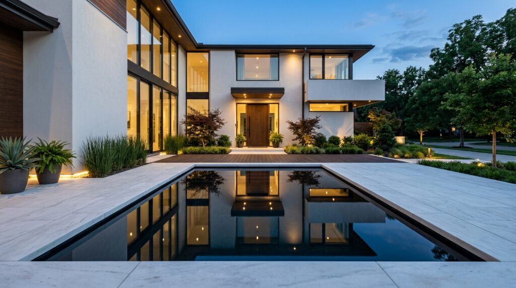 Frontyard Manifestos Built on Basalt Foundations and Quartzite Paths water feature reflecting facade 202606100859