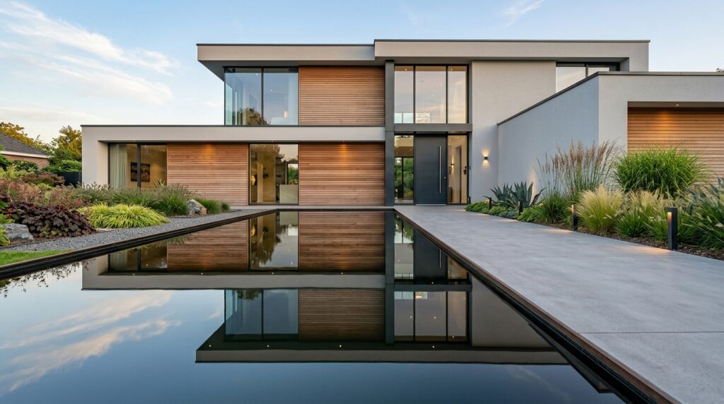 Architectural Frontyard Manifestos for Uncompromising Curb Appeal water feature reflecting modern … 202606081930