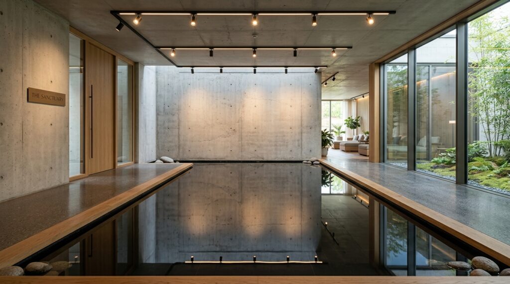 Brutalist Cryo-Therapy Chambers and Monolithic Micro-Cement Spas wellness entryway with water ref… 202606081537