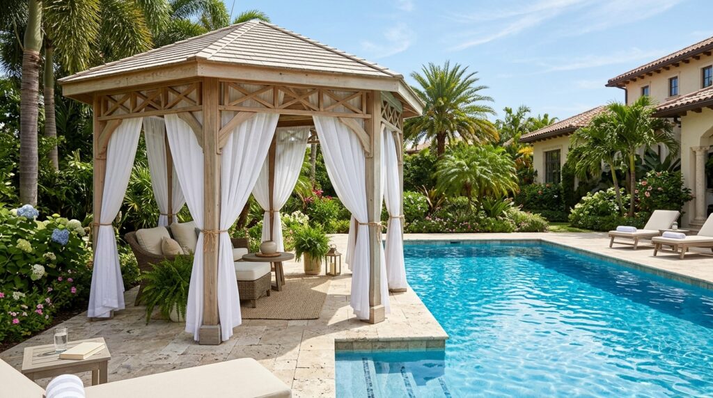 Modern Patio Gazebo Ideas For Luxury Outdoor Lounging white gazebo next to pool 202606062109