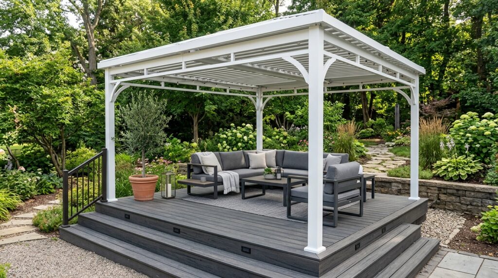 Modern Patio Gazebo Ideas For Luxury Outdoor Lounging white gazebo over composite deck 202606062109 (1)