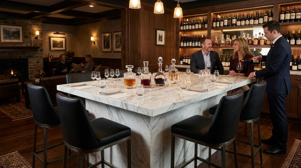 Luxury Subterranean Wine Caves and Private Tasting Vaults white marble island with stools 202606072235