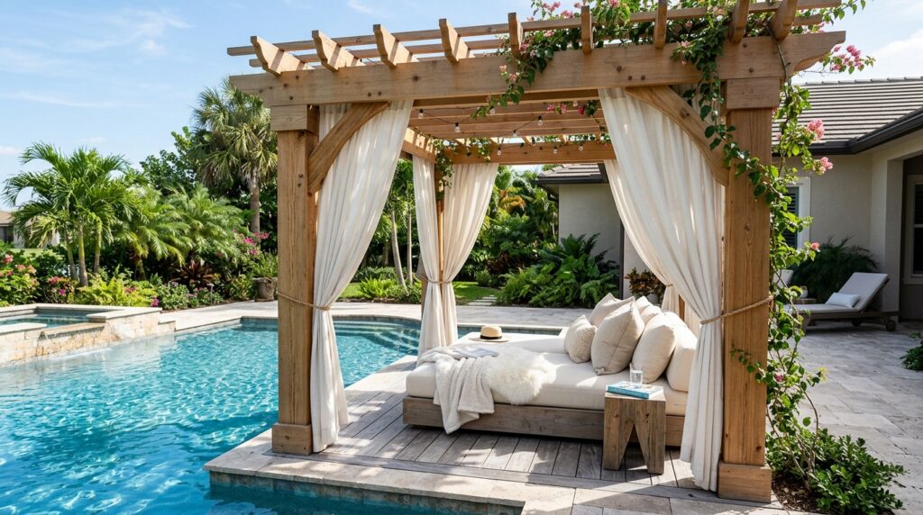 Outdoor Pergola Seating Ideas For Ultimate Backyard Luxury white pergola next to pool 202606052221