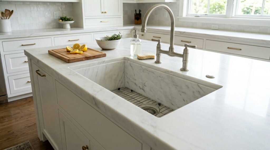 white quartzite prep sink kitchen 202606082036
