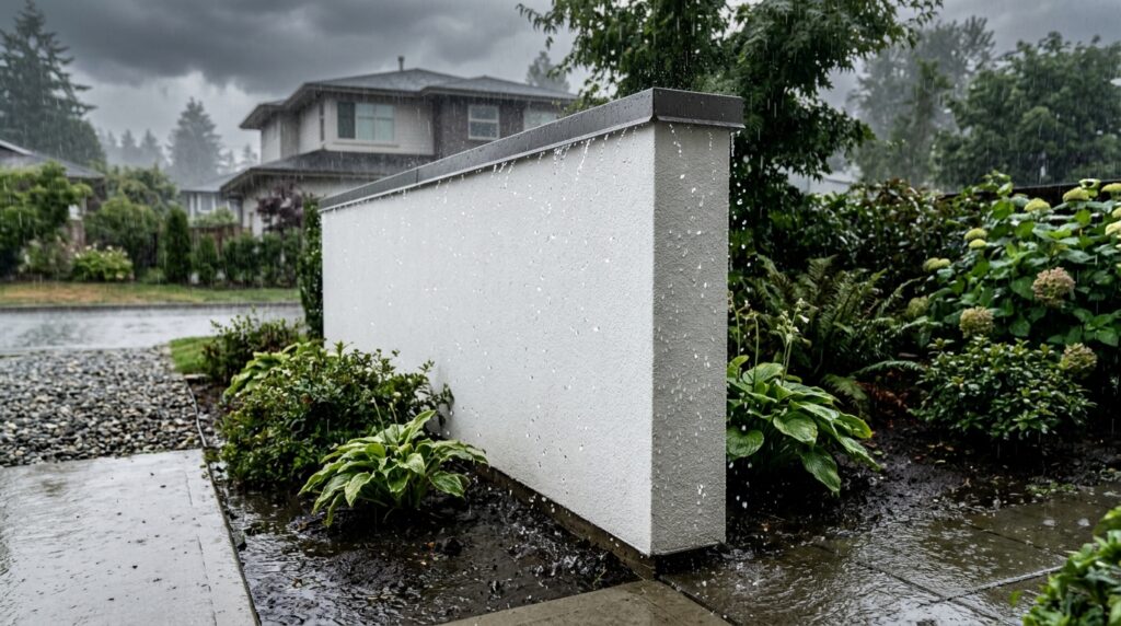 Modern White Stucco Walls Accented with Dark Wood Insets white stucco wall sheds water 202606112358