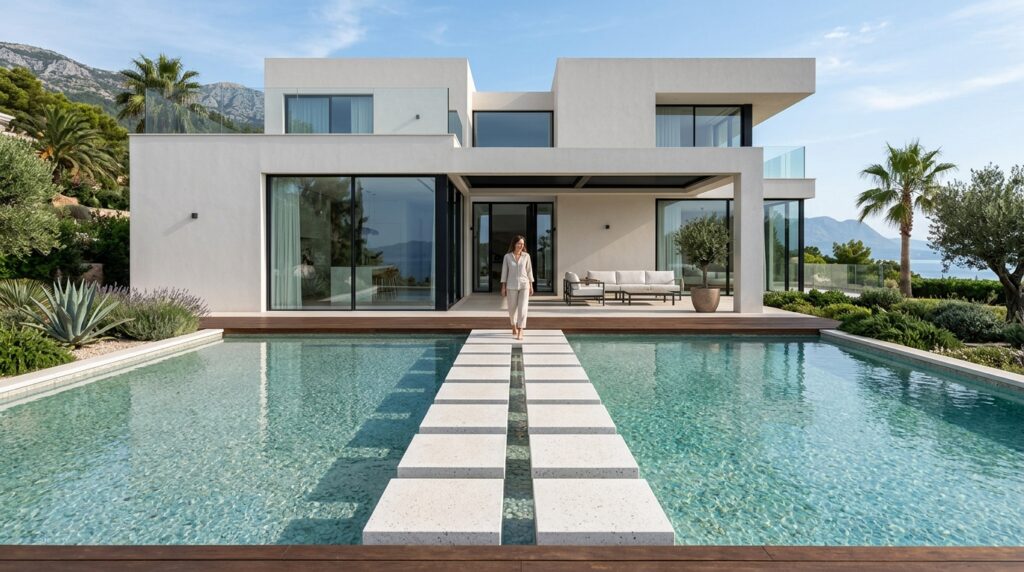 white terrazzo blocks across pool 202606081156