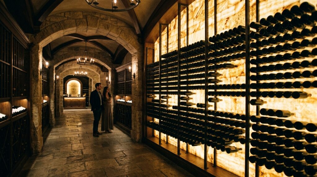 Luxury Subterranean Wine Caves and Private Tasting Vaults wine gallery with glowing wall 202606072236