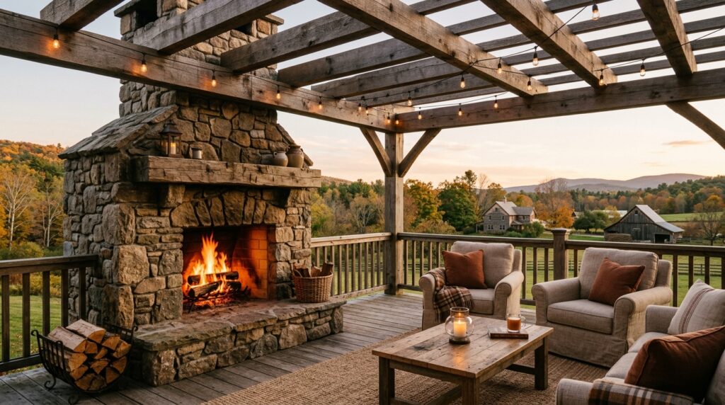 Modern Pergola Deck Ideas For Premium Backyard Luxury wood deck with stone fireplace 202606070911