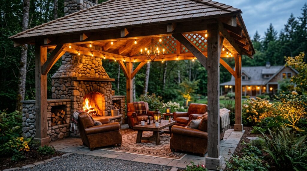 Modern Patio Gazebo Ideas For Luxury Outdoor Lounging wood gazebo with stone fireplace 202606062108