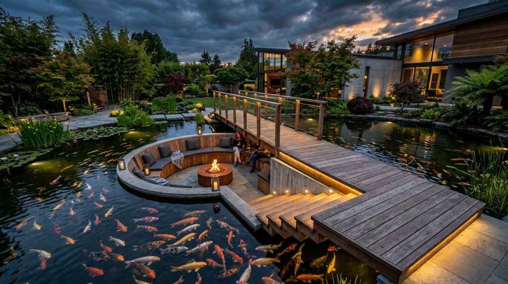 Floating Wooden Walkways Crossing Over Tranquil Backyard Koi Ponds wood walkway drops into pond 202606142029