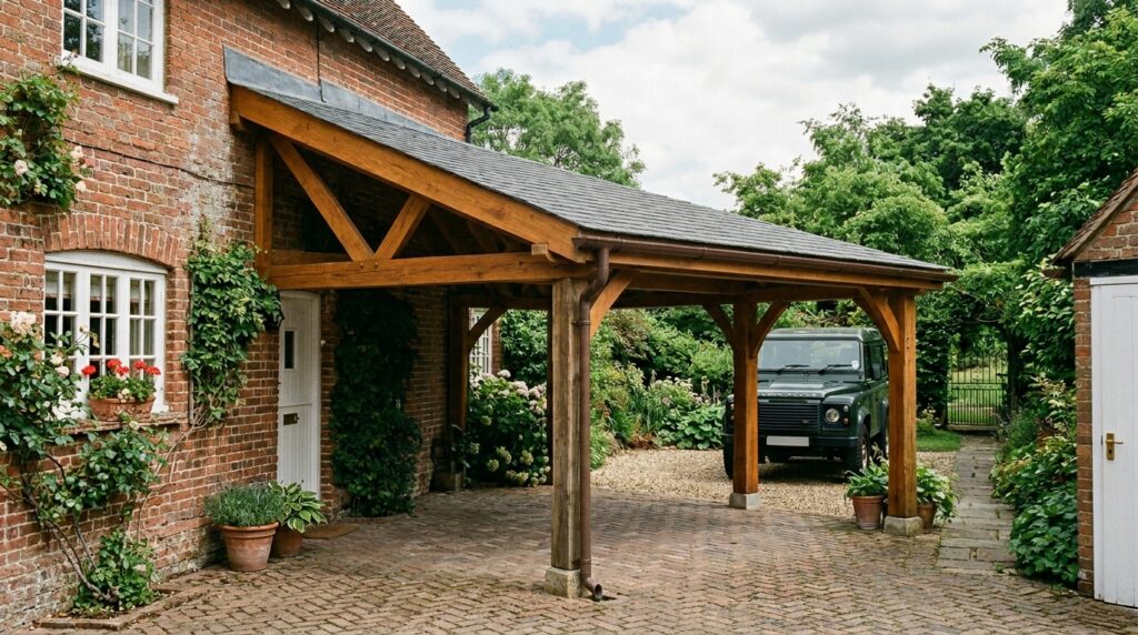 Timber Frame Carports That Add Rustic Charm to Your Front Yard wooden carport built house wall 202606152008