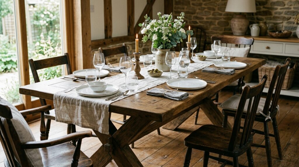 wooden dining table with plates 202606051227