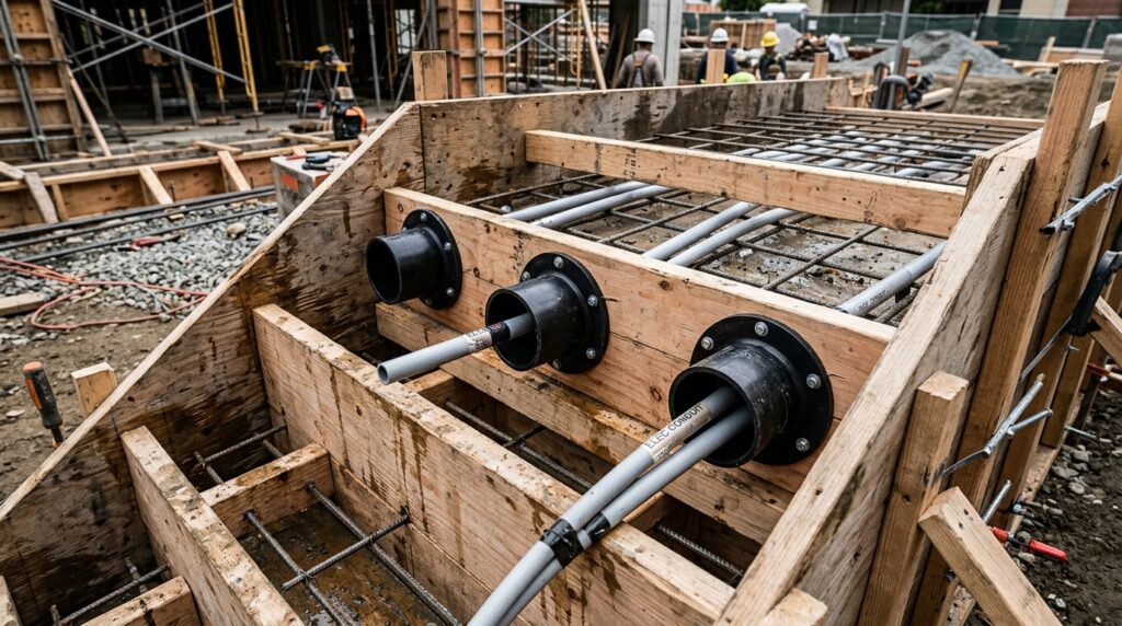 wooden formwork with pvc sleeves 202606110952