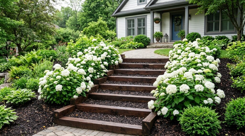 wooden steps with hydrangeas mulch 202606042239