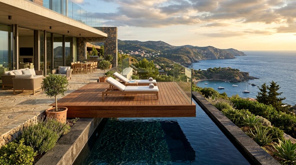 Modern Outdoor Plunge Pool Ideas For Luxury Backyard Relaxation wooden sun deck over plunge pool 202606070816