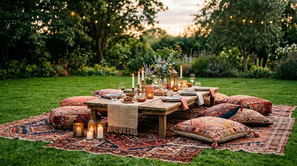 wooden table on green lawn 202606051220