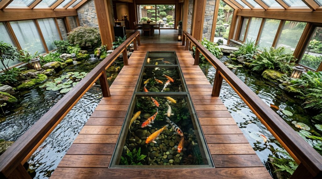 Floating Wooden Walkways Crossing Over Tranquil Backyard Koi Ponds wooden walkway over koi pond 202606142027
