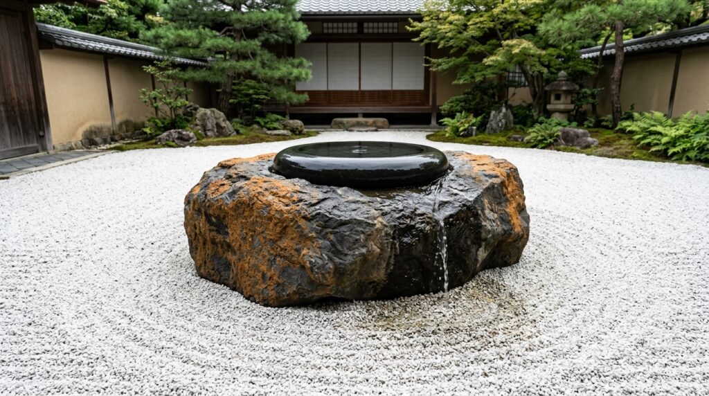 Monolithic Stone Water Bowls with Slow Spillways for Zen Courtyards zen courtyard basalt boulder bowl 202606101355