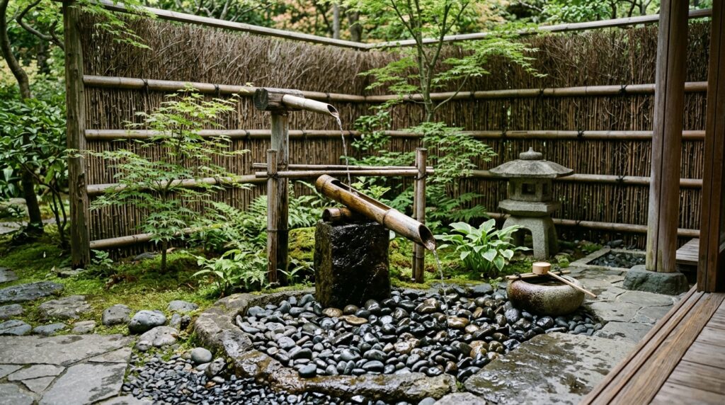 Zen Meditation Patios with Bamboo Screens and Smooth River Rocks zen patio bamboo water fountain 202606141517