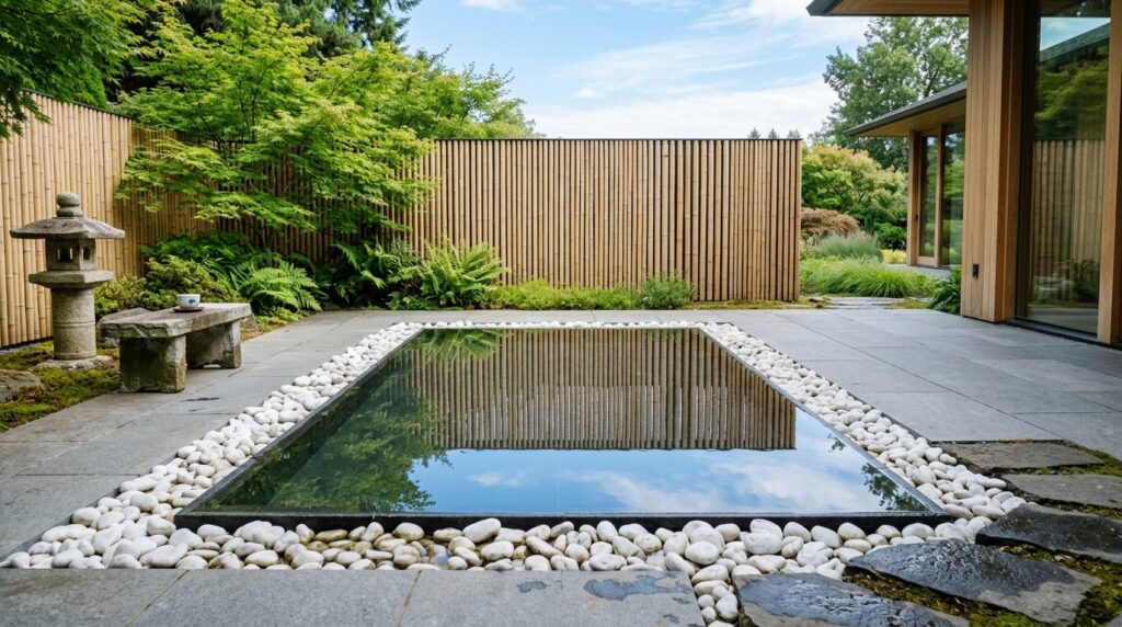Zen Meditation Patios with Bamboo Screens and Smooth River Rocks zen patio reflection pool bamboo 202606141518
