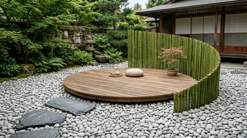 Zen Meditation Patios with Bamboo Screens and Smooth River Rocks zen patio with floating platform 202606141515