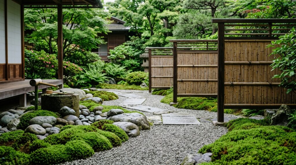 Zen Meditation Patios with Bamboo Screens and Smooth River Rocks zen patio with moss and 202606141521