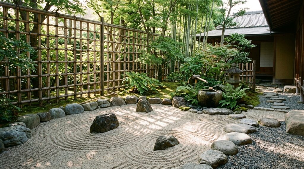 Zen Meditation Patios with Bamboo Screens and Smooth River Rocks zen patio with raked sand 202606141524